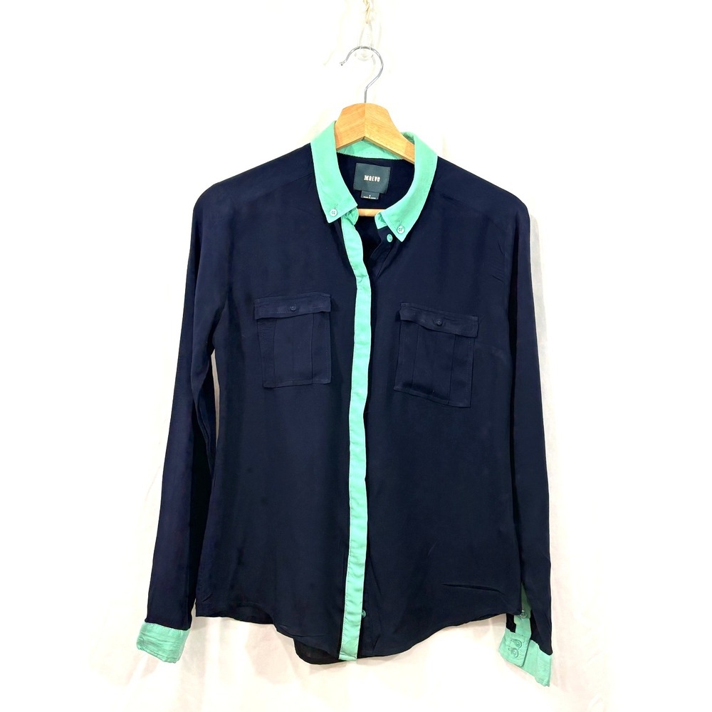 Maeve Anthropologie Navy Blue Button-Up Blouse, Rayon- Size 0 – Mint Green Trim